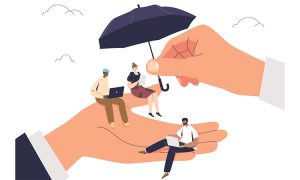 vector representation of an umbrella protecting people sitting on a hand