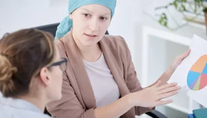 A cancer patient discussing something with a doctor