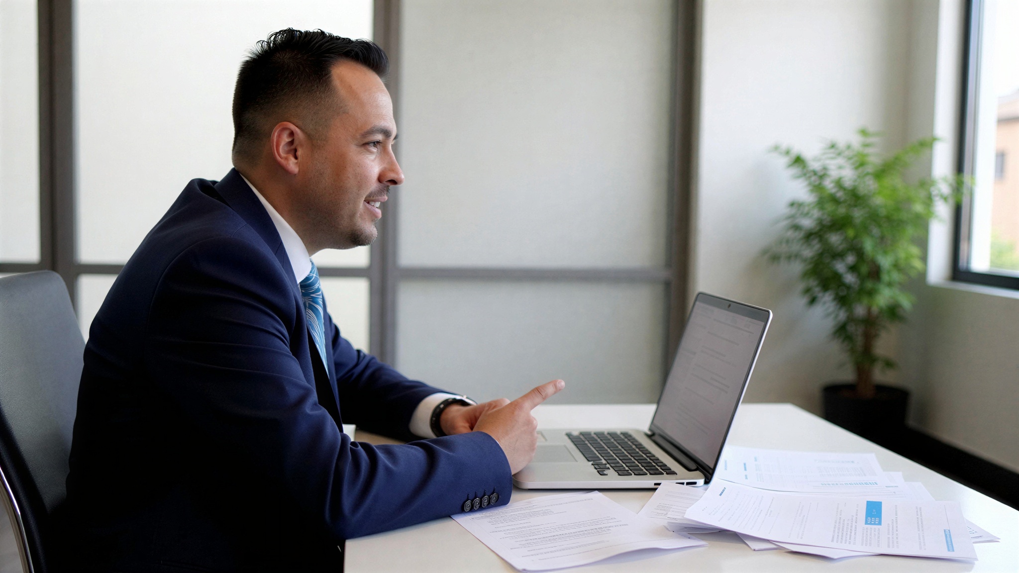 trey driver medcore working at desk Best Group Health Insurance for Small Business in Texas (2025 Guide) Trey Driver reviewing group health insurance plan options at the Medcore Brokerage office