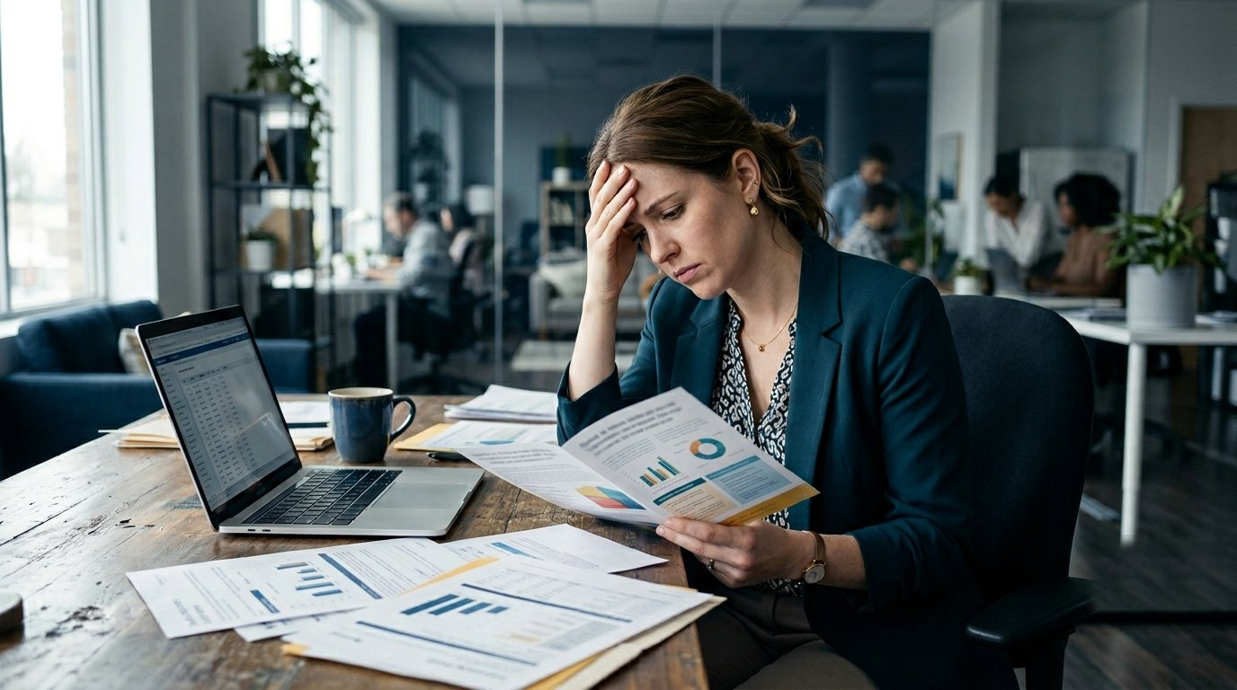 Employee reviewing a workplace benefits packet and considering how to ask their employer for better health insurance and employee benefits