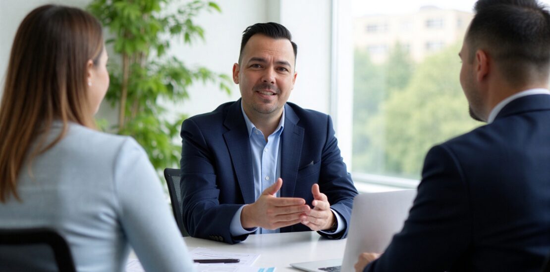 Small business employee benefits broker in Texas meeting with two business owners in a modern office
