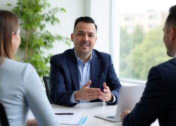 Small business employee benefits broker in Texas meeting with two business owners in a modern office