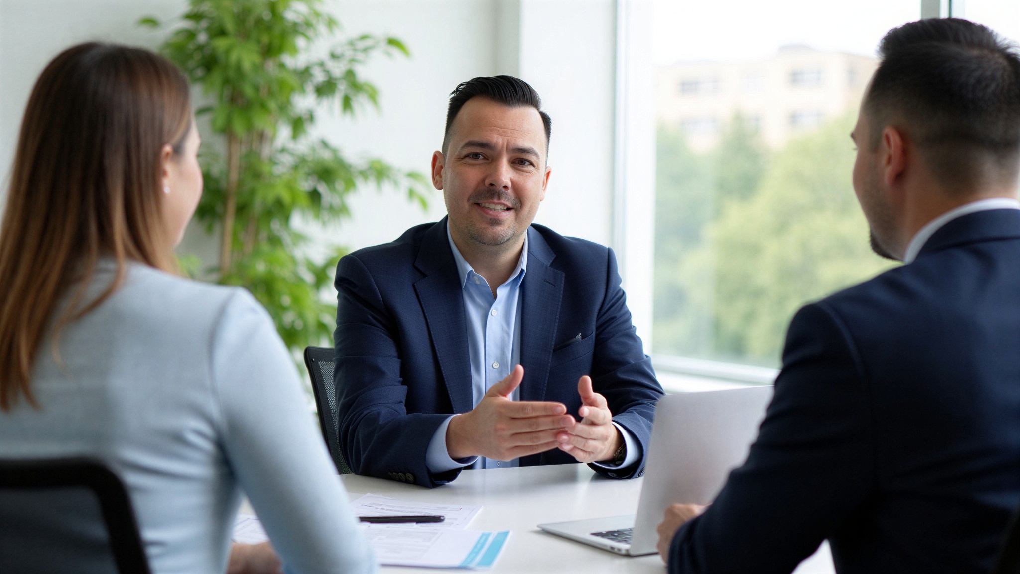 Small business employee benefits broker in Texas meeting with two business owners in a modern office